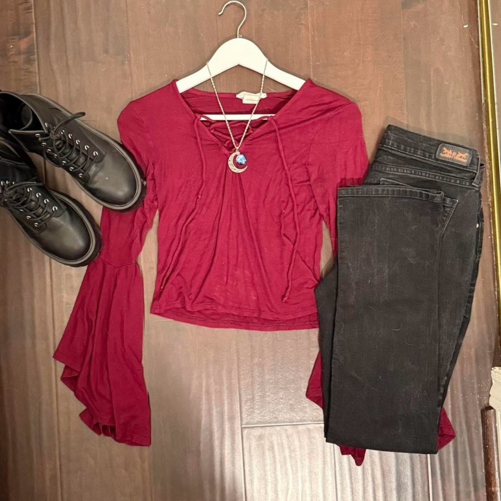 Women's Burgundy Top with Lace-Up Detail and Dramatic Bell Sleeves- Size S